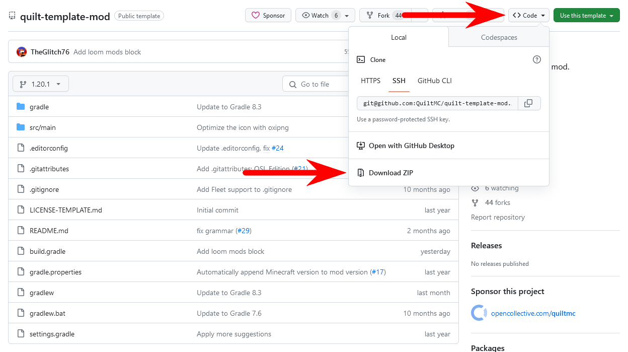 Le dépôt Github avec une flèche qui pointe vers le bouton 'Code' et une autre qui pointe vers le bouton 'Download ZIP' dans la popup ouverte