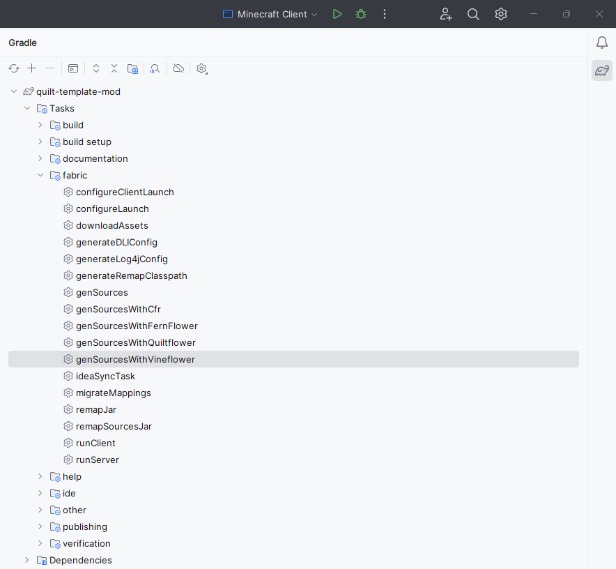Gradle window with genSourcesWithVineflower highlighted